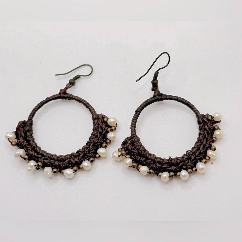 Vintage Macrame Handmade Dangling Hoop Earrings with Genuine Pearls 2 in